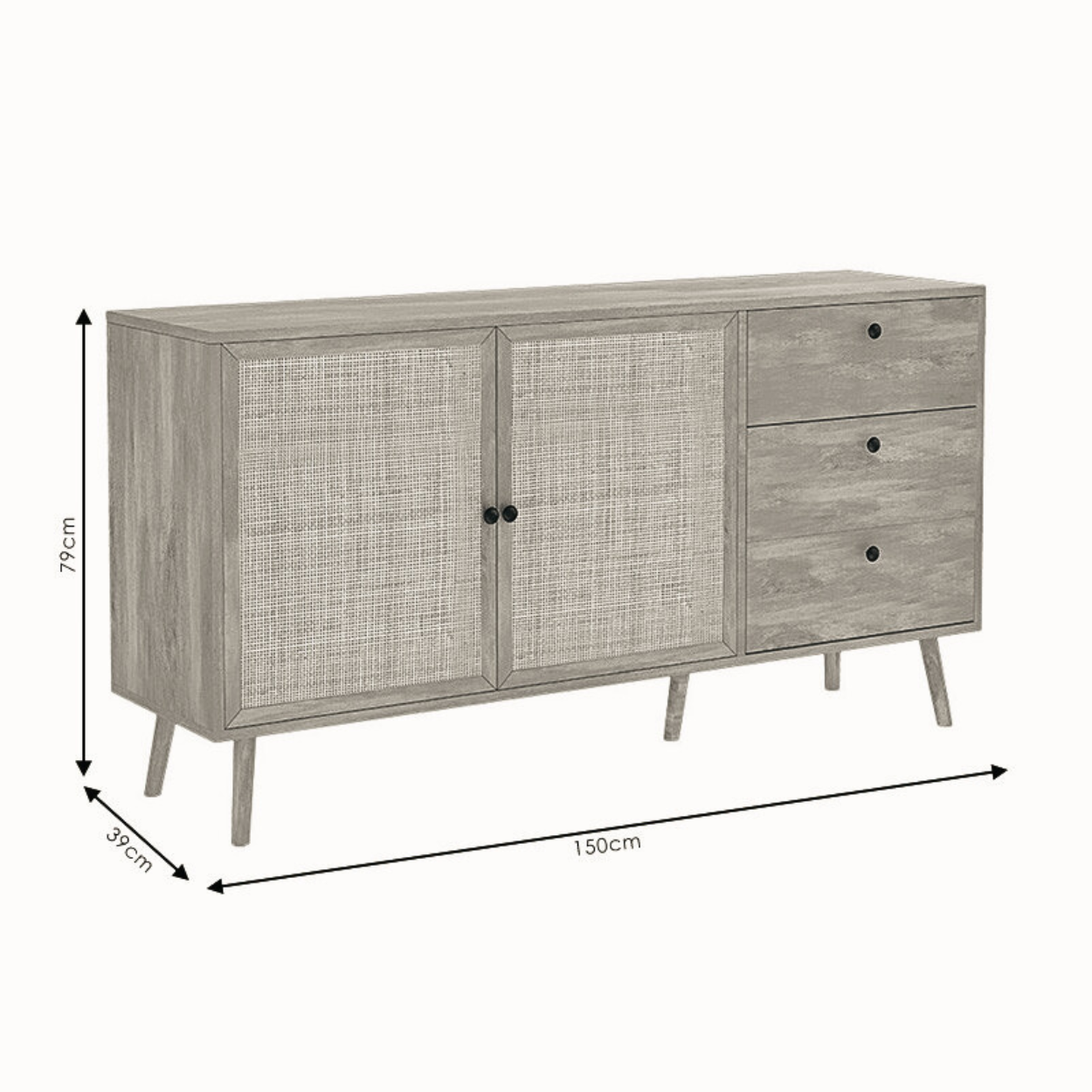 Scandinavian Μπουφές με Rattan Ντουλάπια & 3 Συρτάρια 150 cm - Image 6