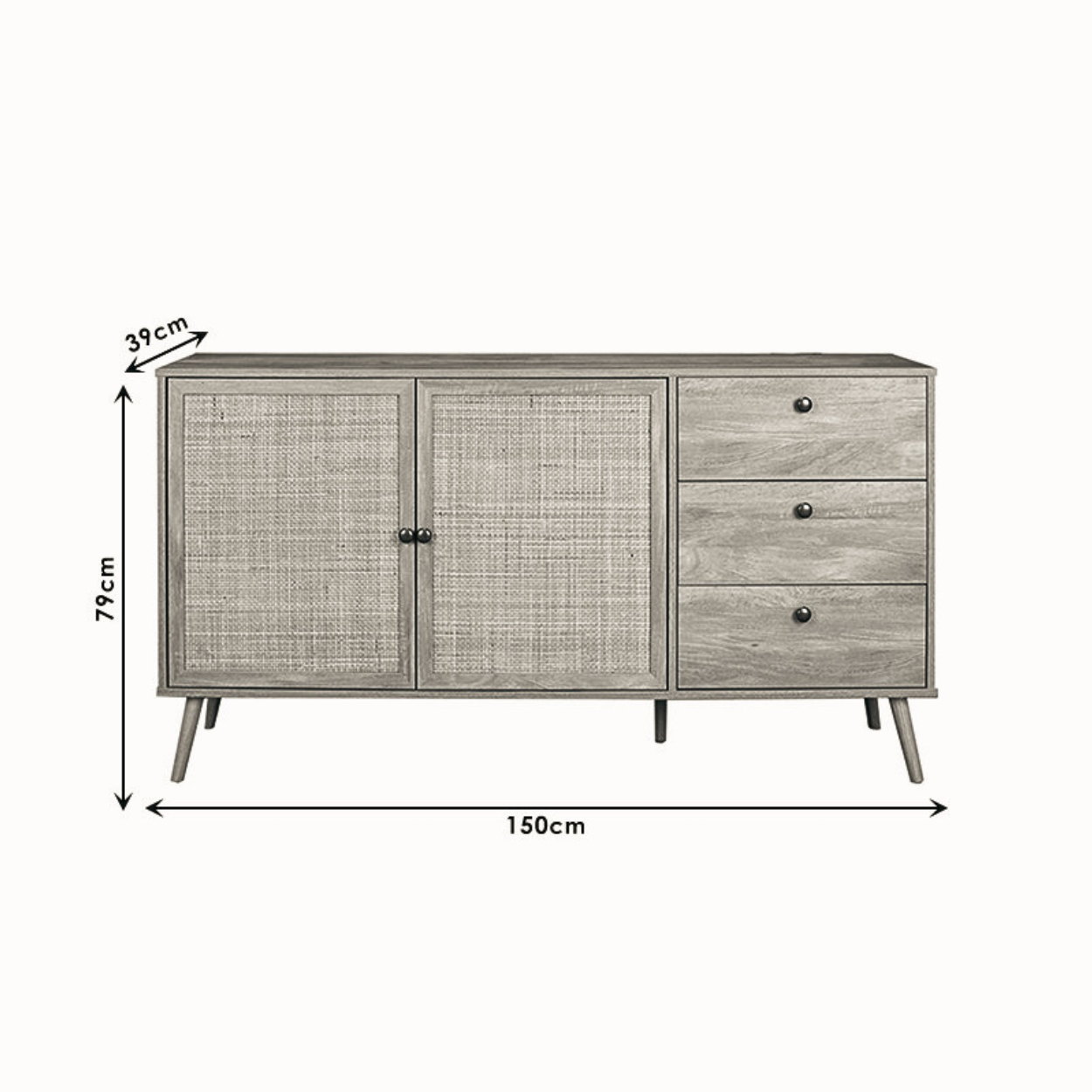 Scandinavian Μπουφές με Rattan Ντουλάπια & 3 Συρτάρια 150 cm - Image 5
