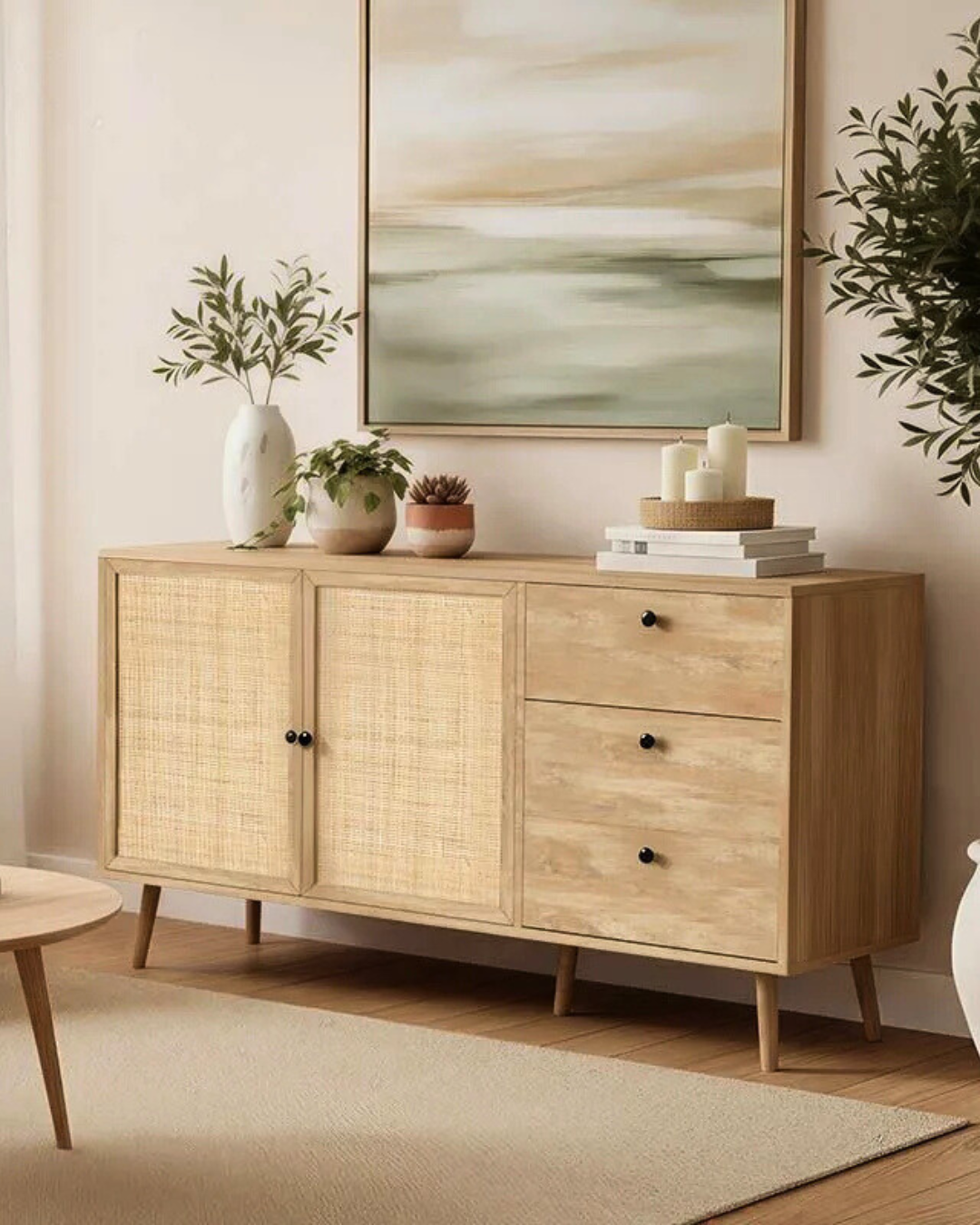 Scandinavian Μπουφές με Rattan Ντουλάπια & 3 Συρτάρια 150 cm - Image 2