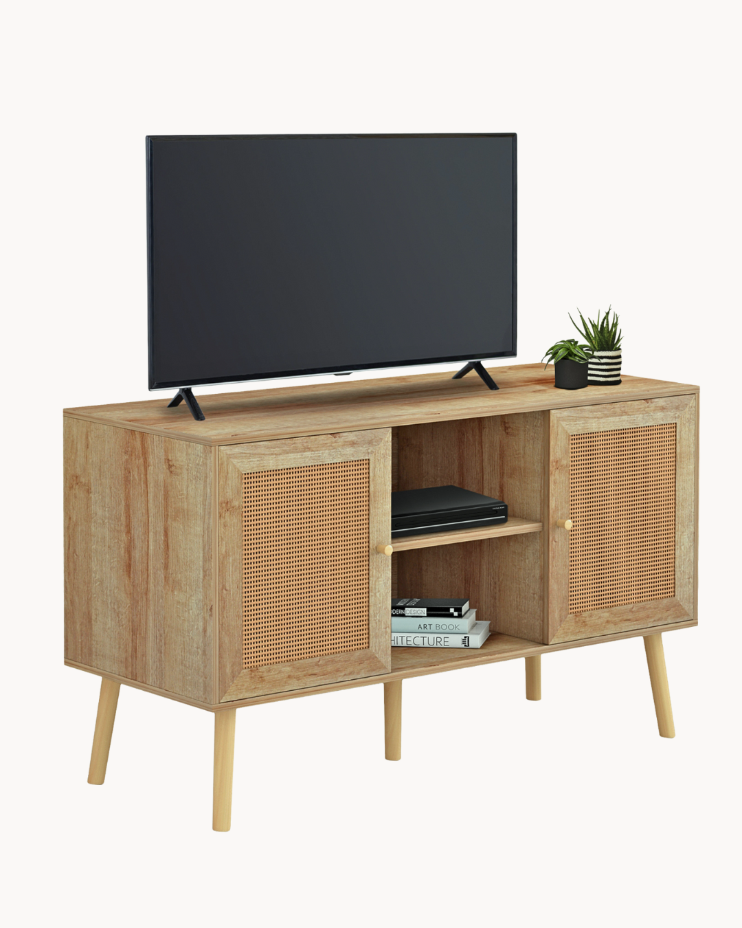 Έπιπλο Τηλεόρασης Φυσικό με Πόρτες Rattan & Ξύλινα Πόδια 120Χ39Χ56,5 εκ - Image 3