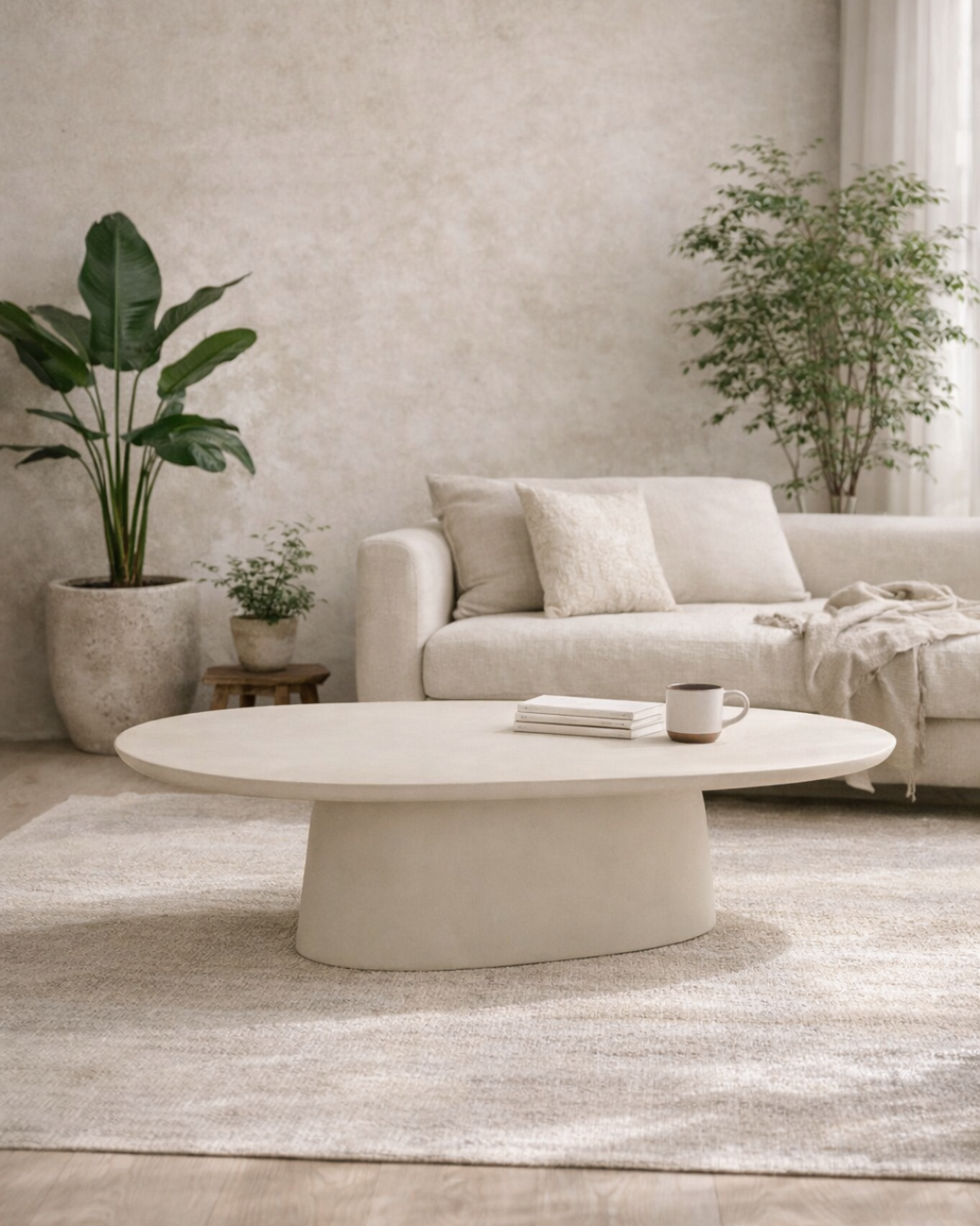 Τραπέζι Σαλονιού Japandi Οβάλ από Fiber Cement 130x70x40 cm Μπεζ - Image 2