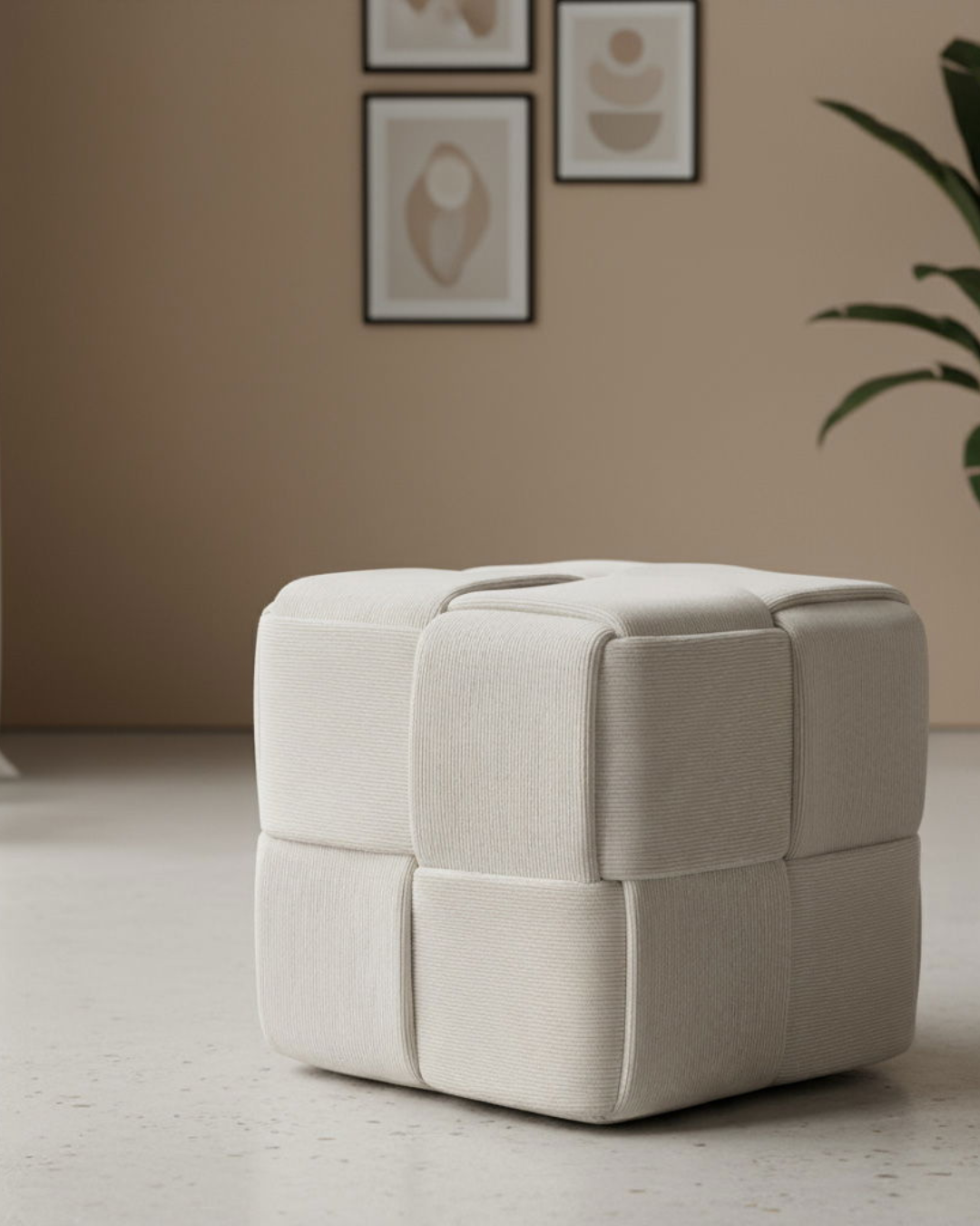 Modern Geometric Σκαμπό Κύβος με Κοτλέ Επένδυση 40 cm Μπεζ - Image 2