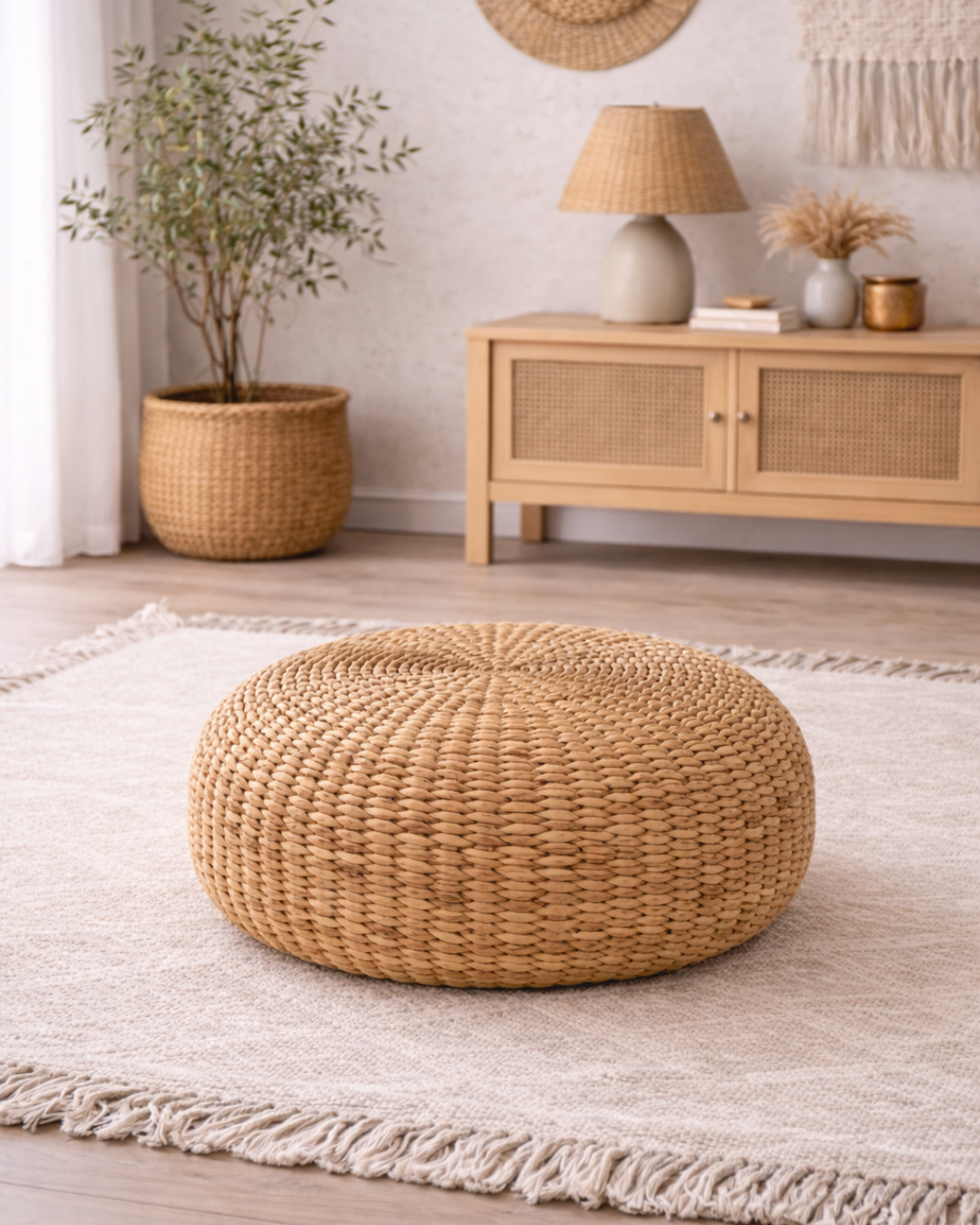 Boho Natural Στρογγυλό Σκαμπό-Πουφ από Υδροϋάκινθο Φ62 cm - Image 2