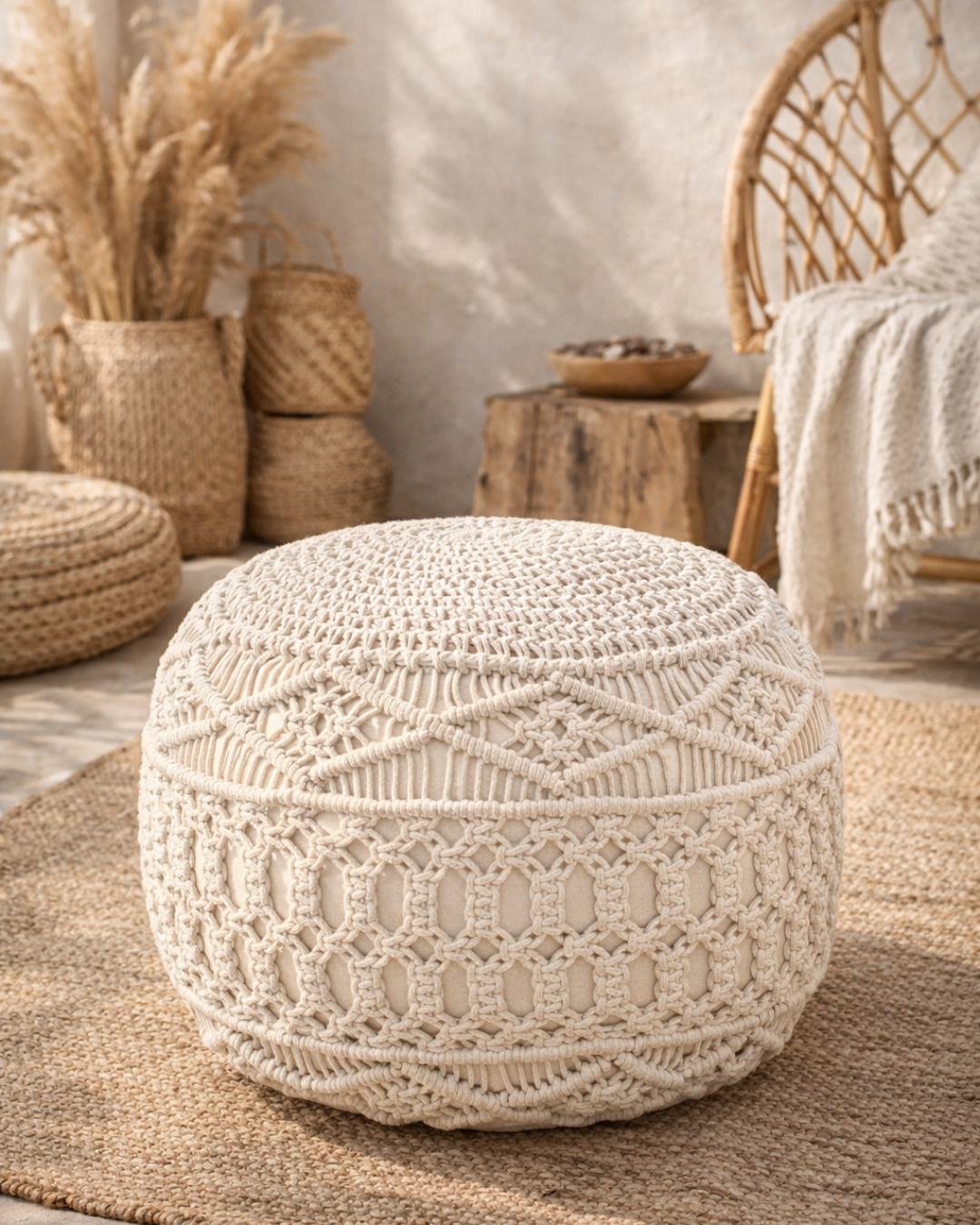 Boho Chic Μακραμέ Πουφ από 100% Βαμβάκι Φ45 cm - Image 2