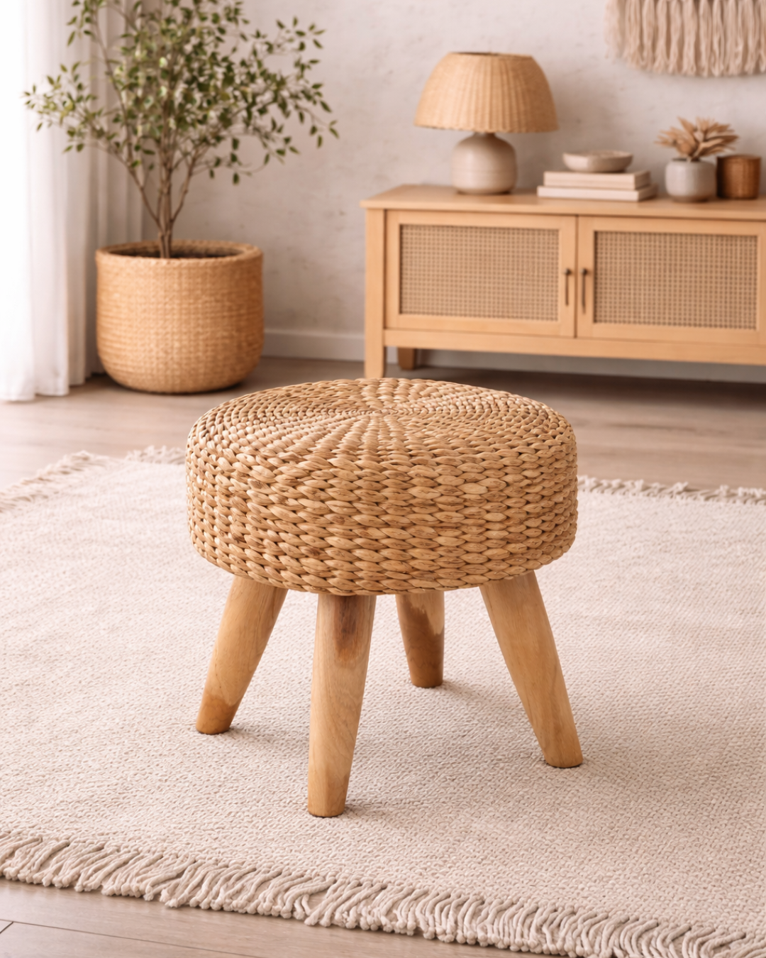 Boho Natural Σκαμπό από Μασίφ Ξύλο Teak & Ψάθινο Κάθισμα Φ43 cm - Image 2