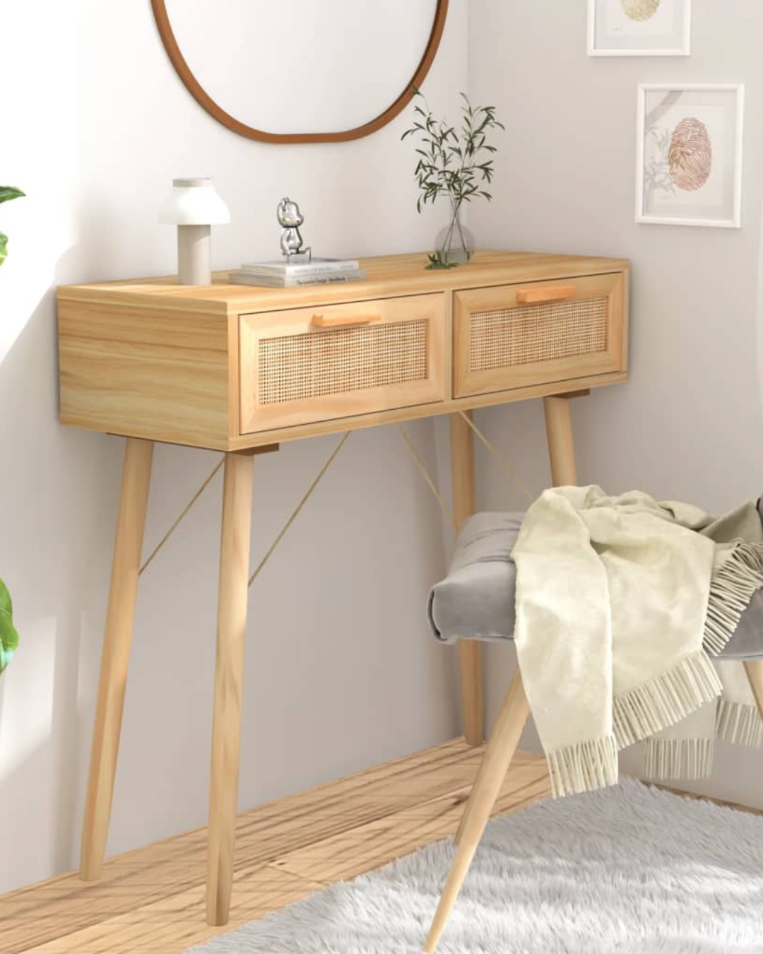 Scandinavian Κονσόλα με Φυσικό Ρατάν & Ξύλινα Πόδια 80 cm - Image 2