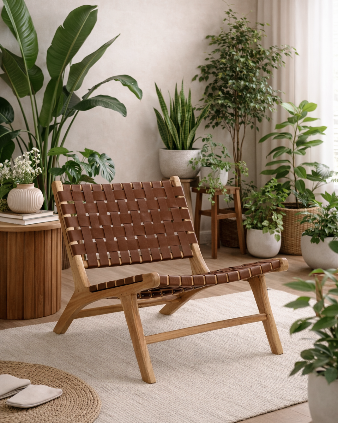 Καρέκλα Wabi Sabi από Μασίφ Ξύλο & Πλεγμένο PU Δέρμα 65x82x88Υ εκ Καφέ - Image 2