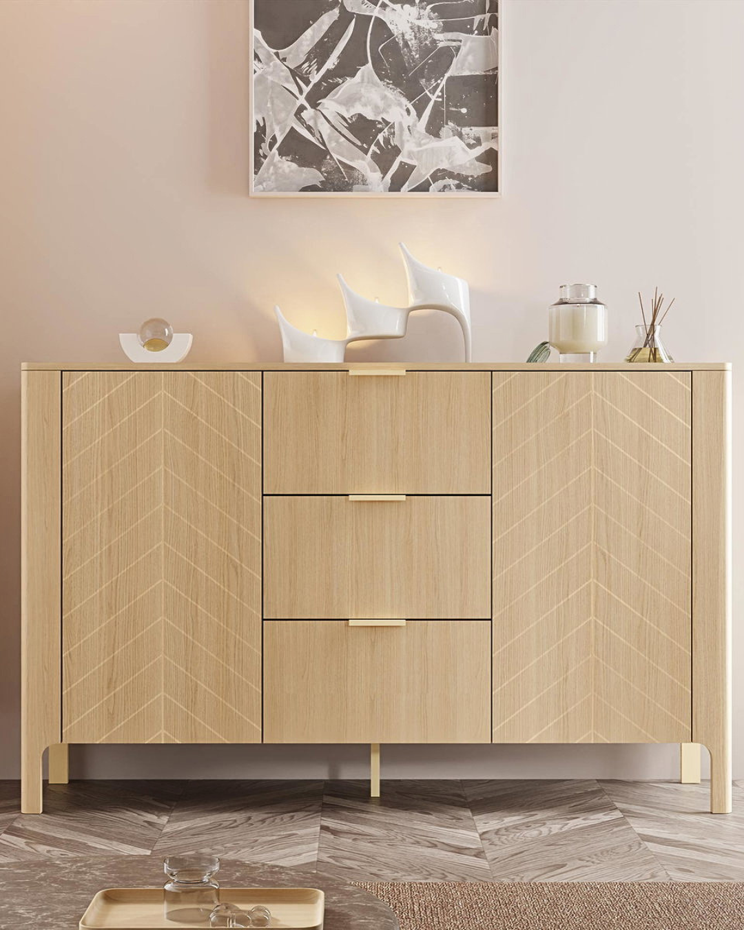 Modern Soft Μπουφές με Herringbone Μοτίβο 154cm Φυσικό - Image 2