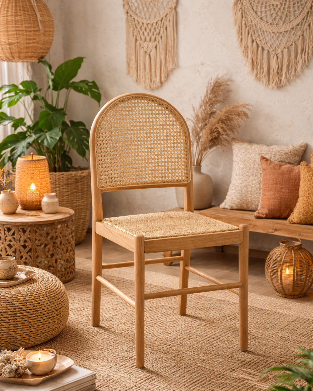 Boho Καμπυλωτή Καρέκλα Τραπεζαρίας από ξύλο οξιάς–rattan 43 cm Φυσικό - Image 2