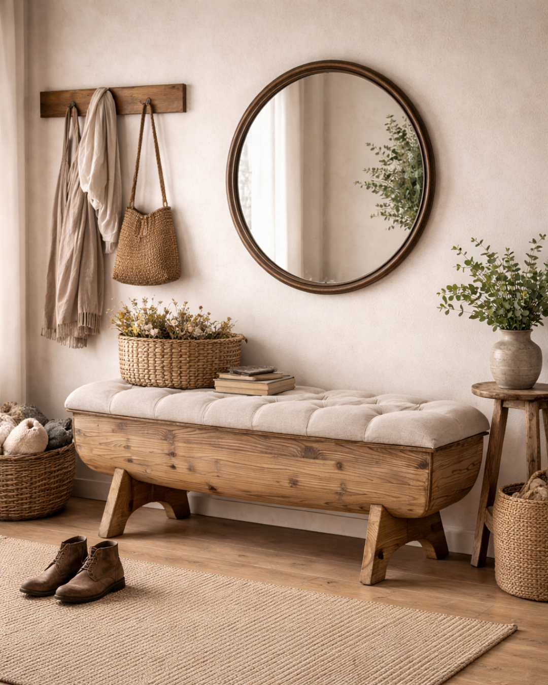 Rustic Vintage Παγκάκι με Αποθηκευτικό Χώρο Barrel Design 103cm Κρεμ-Καφέ - Image 2