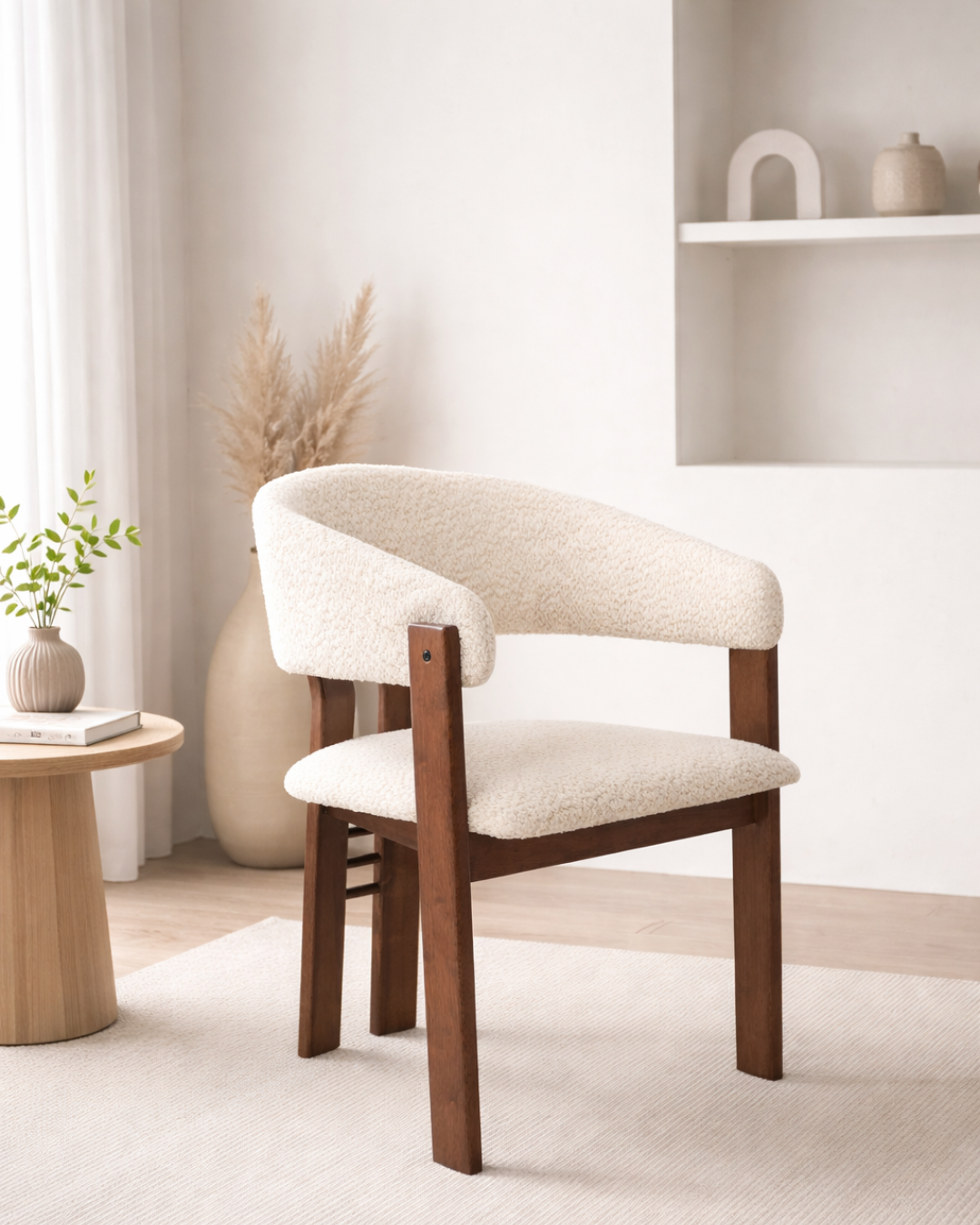 Modern Καρέκλα Τραπεζαρίας από ξύλο rubberwood–μπουκλέ ύφασμα 55,5 cm εκρού - Image 2