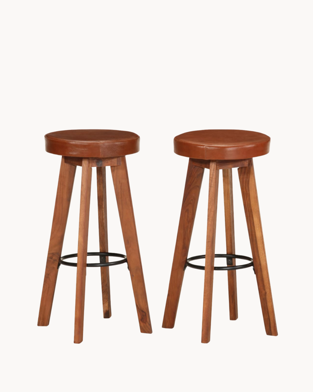Rustic Σετ 2 Σκαμπό Μπαρ από Μασίφ Ακακία & Γνήσιο Δέρμα 76cm - Image 3