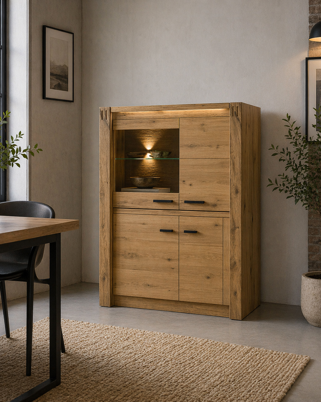 Modern Minimal Βιτρίνα με Φωτισμό, Ράφι & Ντουλάπια 101cm Φυσικό - Image 2