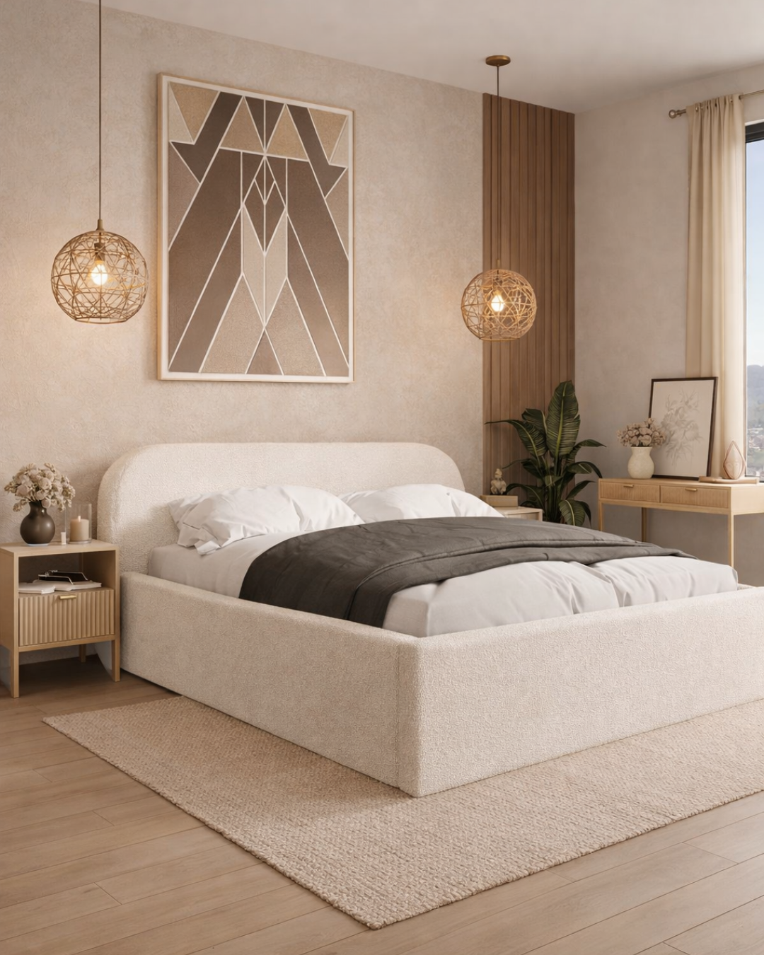 Modern Upholstered Κρεβάτι 3 Μεγέθη με Αποθηκευτικό Χώρο Ύφασμα Μπεζ - Image 2