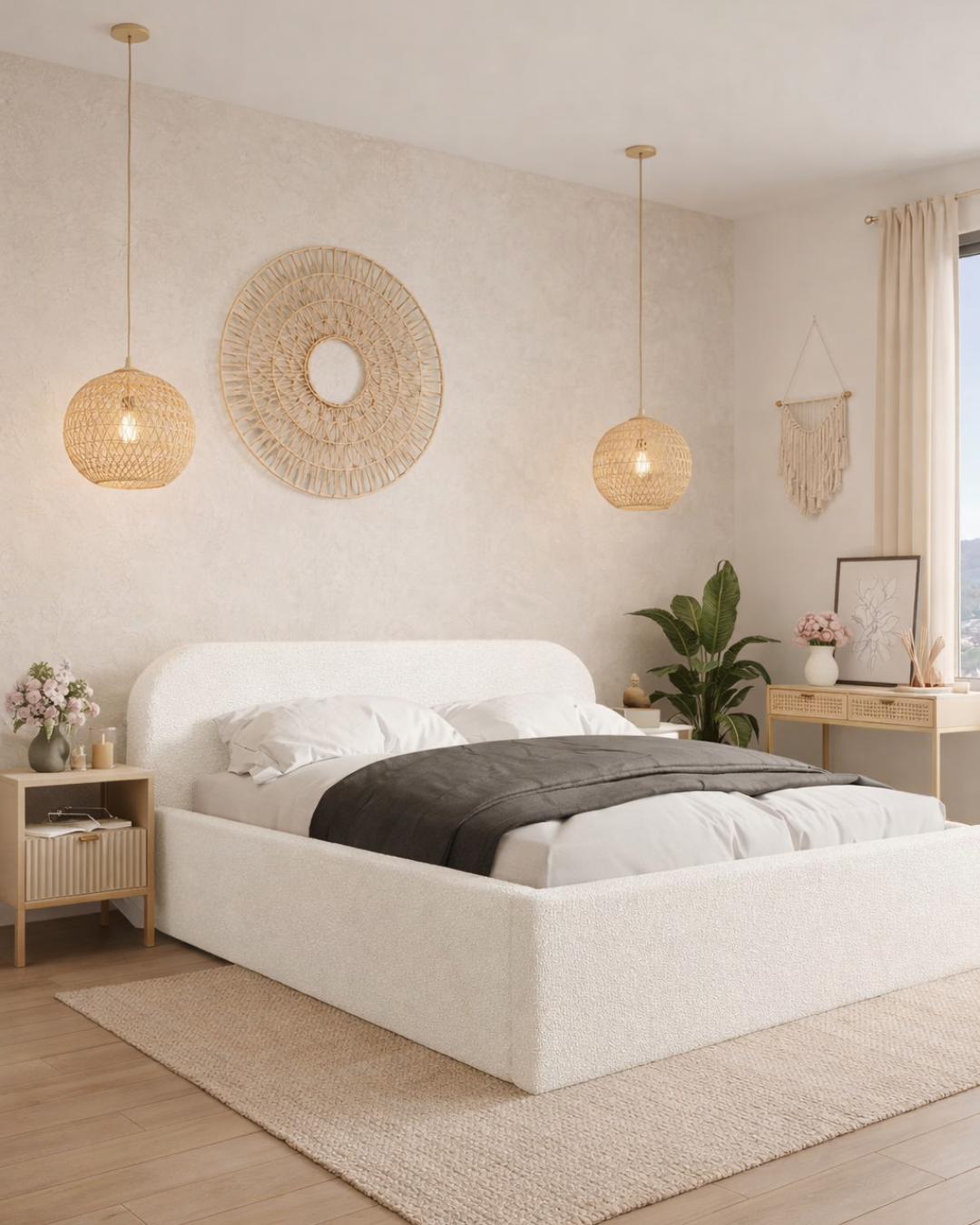 Modern Upholstered Κρεβάτι 3 Μεγέθη με Αποθηκευτικό Χώρο Ύφασμα Εκρού - Image 2