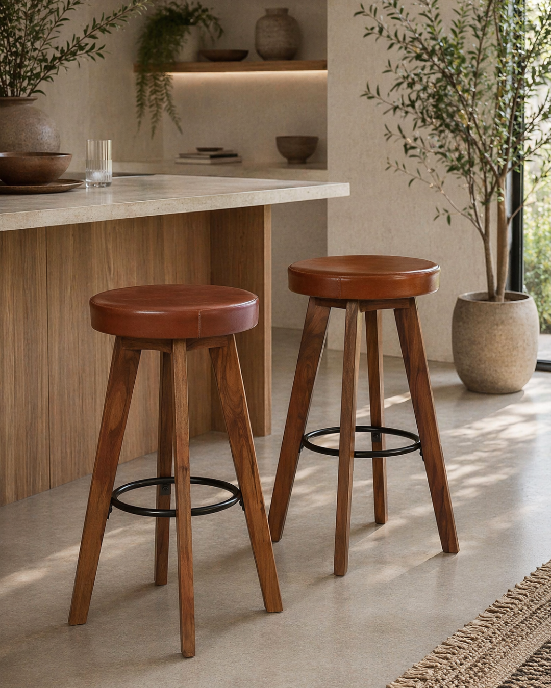 Rustic Σετ 2 Σκαμπό Μπαρ από Μασίφ Ακακία & Γνήσιο Δέρμα 76cm - Image 2
