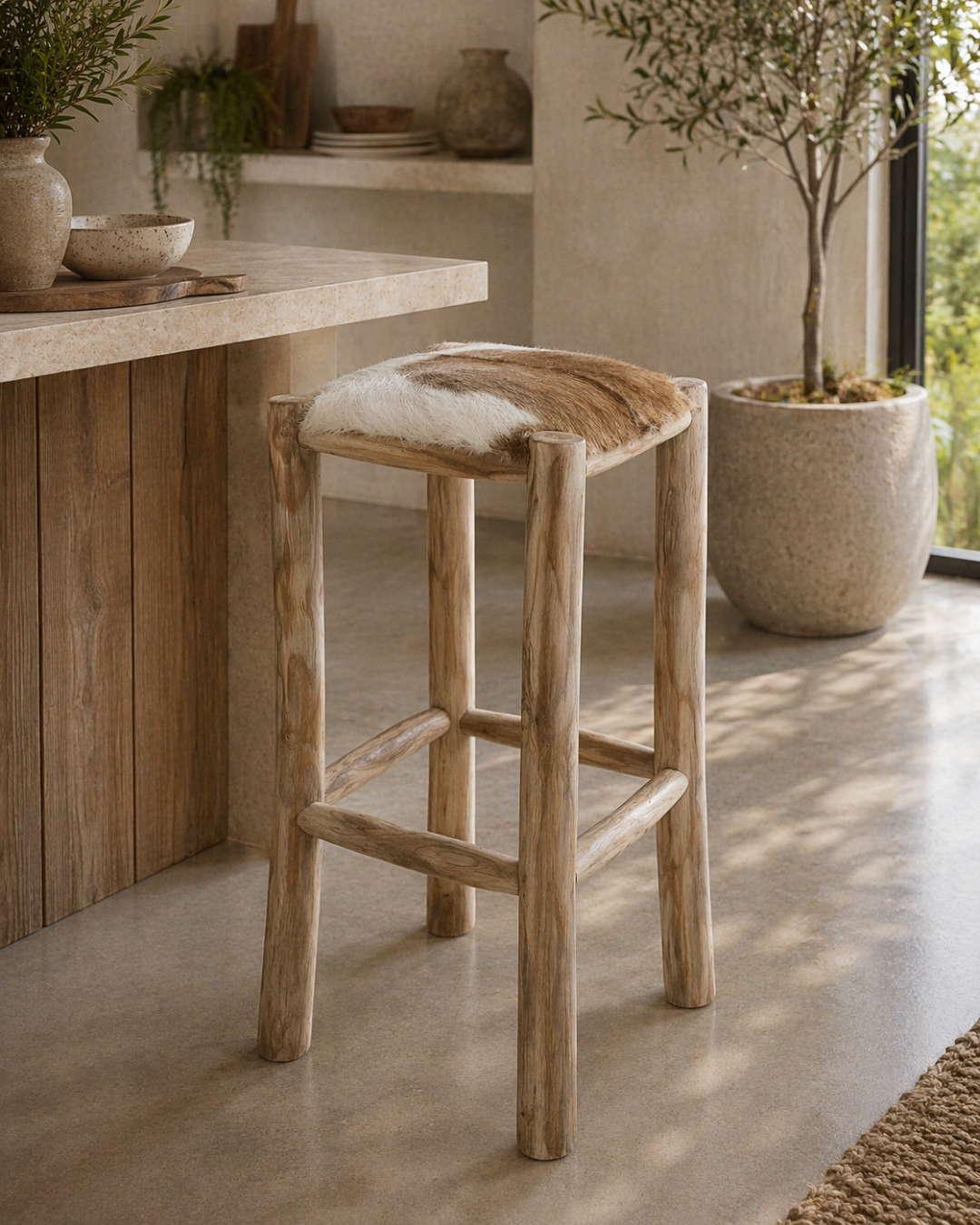 Rustic Σκαμπό Μπαρ από Μασίφ Teak & Γνήσιο Δέρμα Κατσίκας 76cm - Image 2