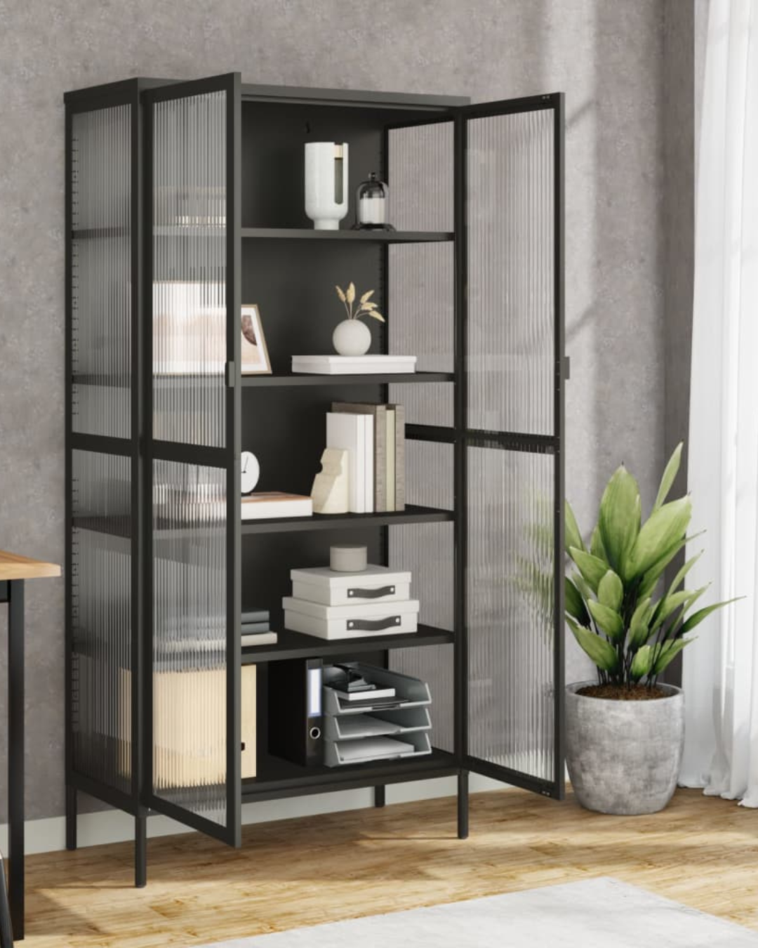 Industrial Contemporary Βιτρίνα Ατσάλι & Αυλακωτό Γυαλί 85cm Μαύρο - Image 5