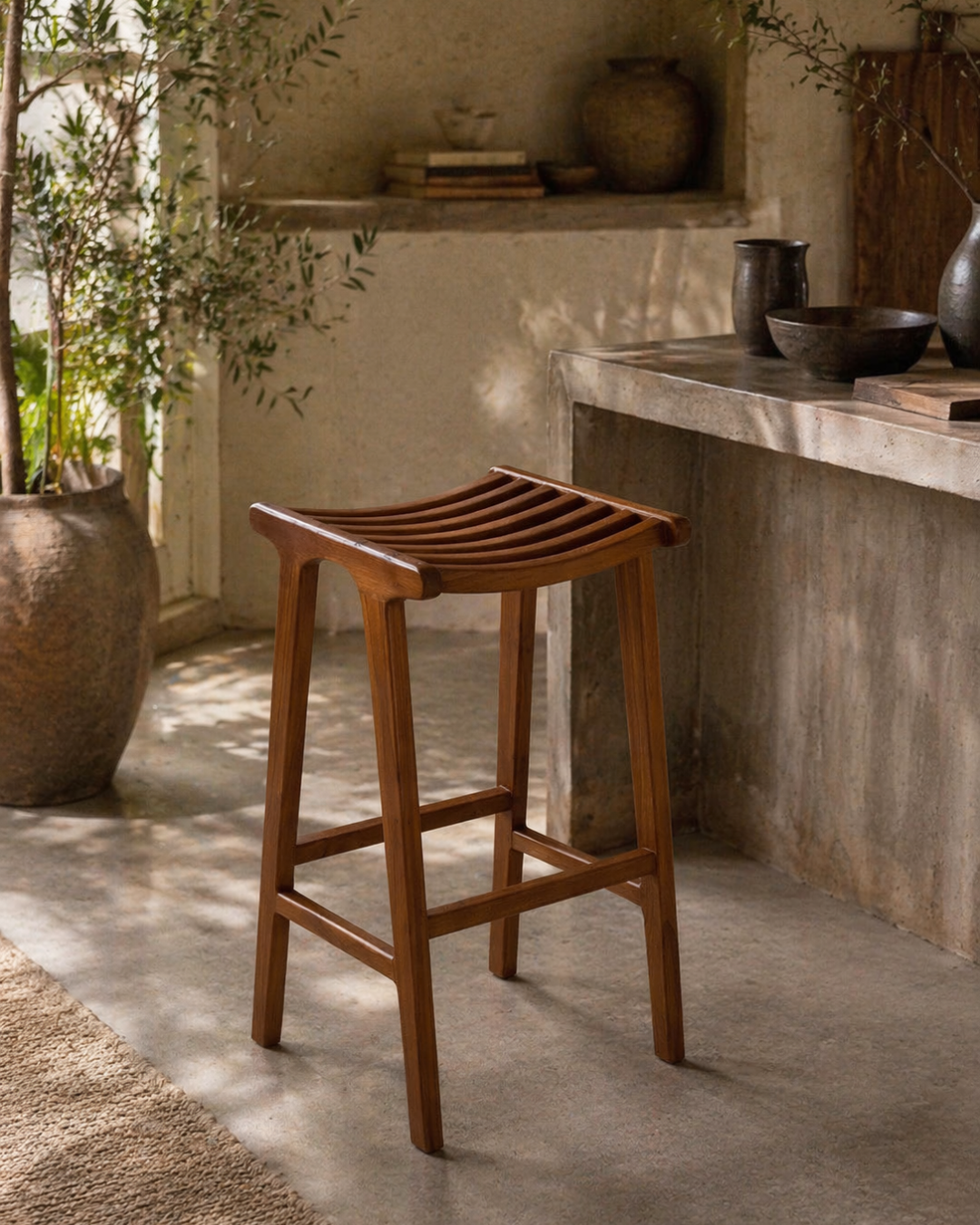Minimal Σκαμπό Μπαρ από Μασίφ Teak σε Καρυδί 72.5cm - Image 2