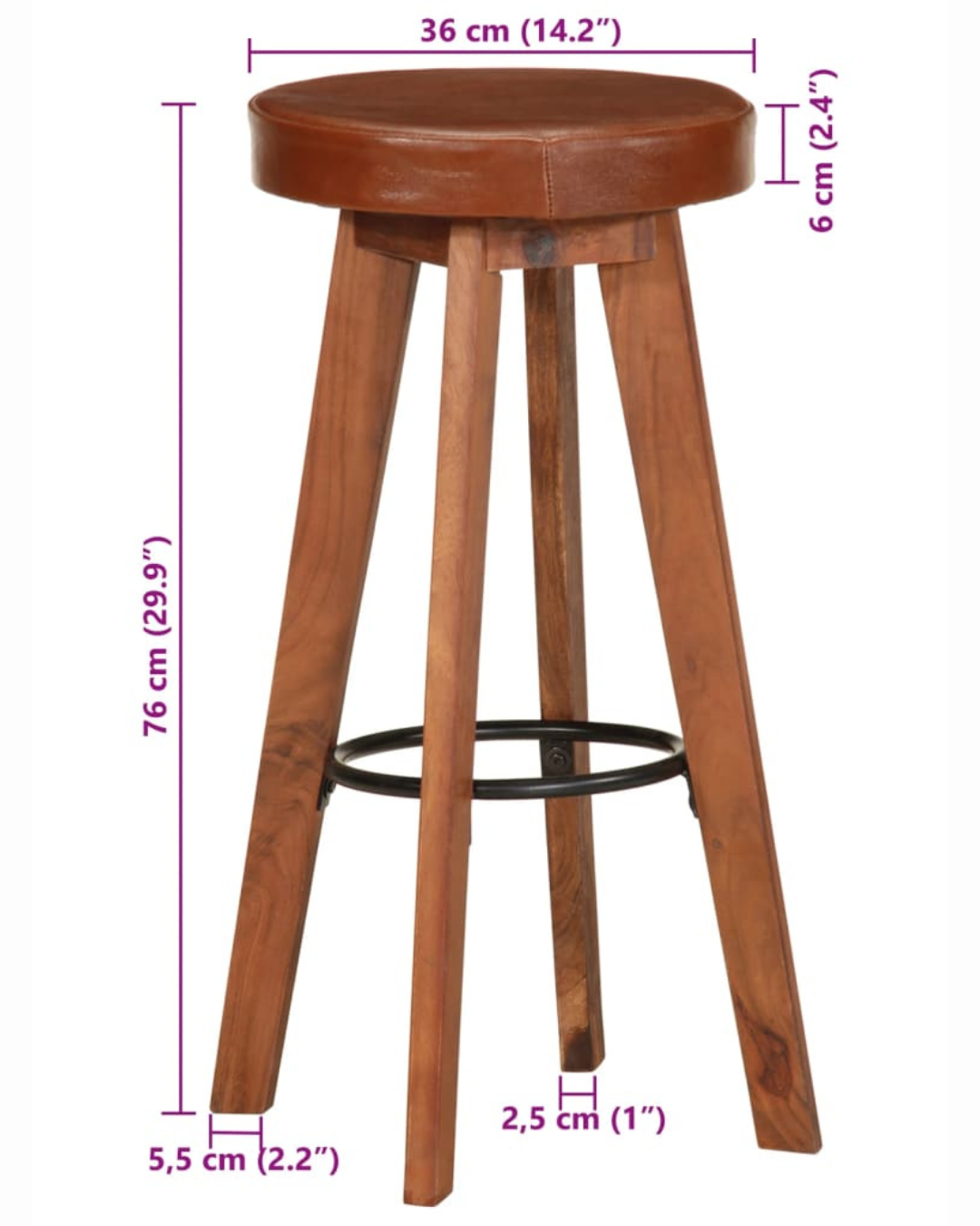 Rustic Σετ 2 Σκαμπό Μπαρ από Μασίφ Ακακία & Γνήσιο Δέρμα 76cm - Image 6