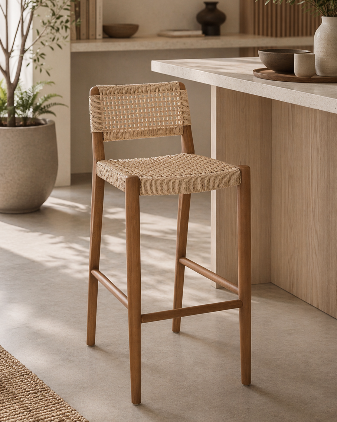 Boho Σκαμπό Μπαρ από Μασίφ Teak με Σχοινί VIRO 75cm - Image 2