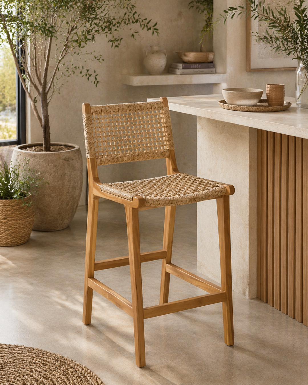 Boho Σκαμπό Μπαρ από Μασίφ Teak με Σχοινί VIRO 60cm - Image 2