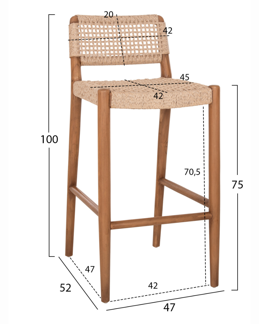 Boho Σκαμπό Μπαρ από Μασίφ Teak με Σχοινί VIRO 75cm - Image 9