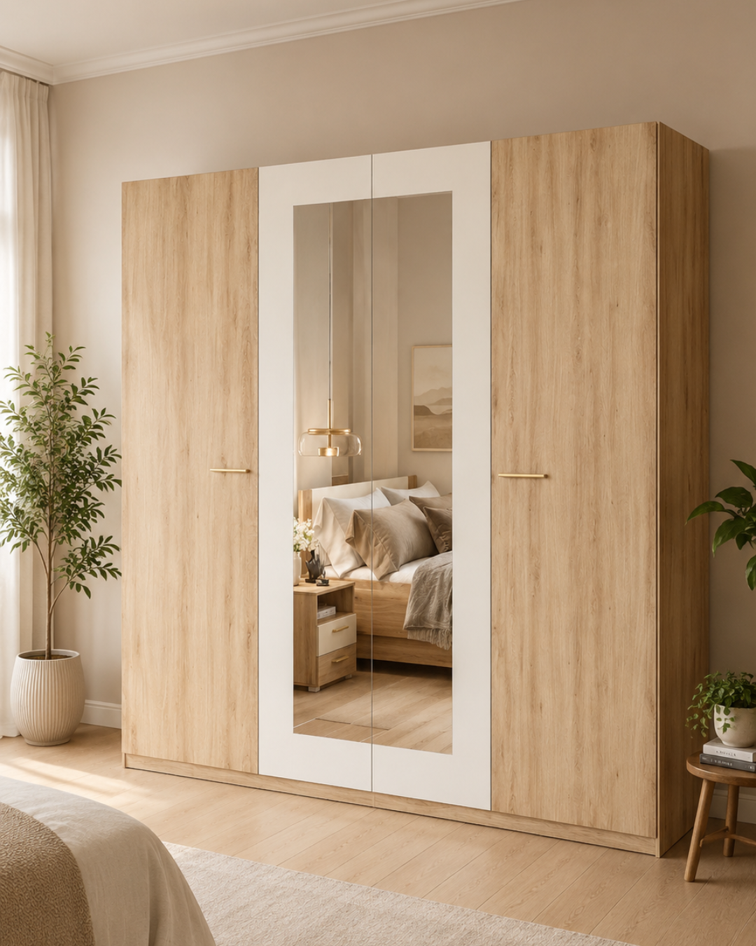 Modern Ντουλάπα με Καθρέπτη Τετράφυλλη 228 εκ. Φυσικό/Λευκό - Image 2