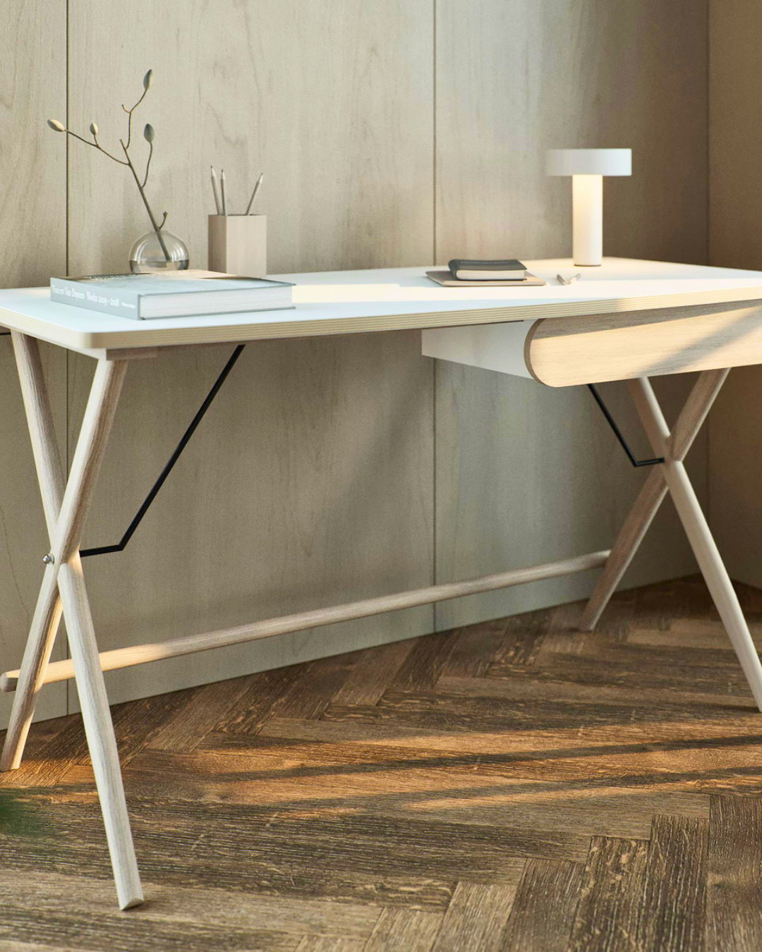 Modern Γραφείο με Ξύλινα Πόδια 135cm φυσικό/λευκό - Image 6