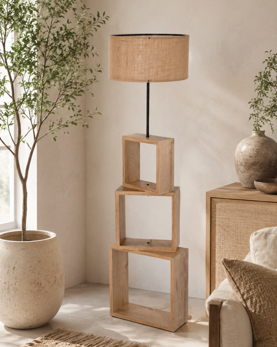 Modern Φωτιστικό Δαπέδου με 3 Ράφια Φ38x140 εκ. Φυσικό-Μπεζ - Image 2