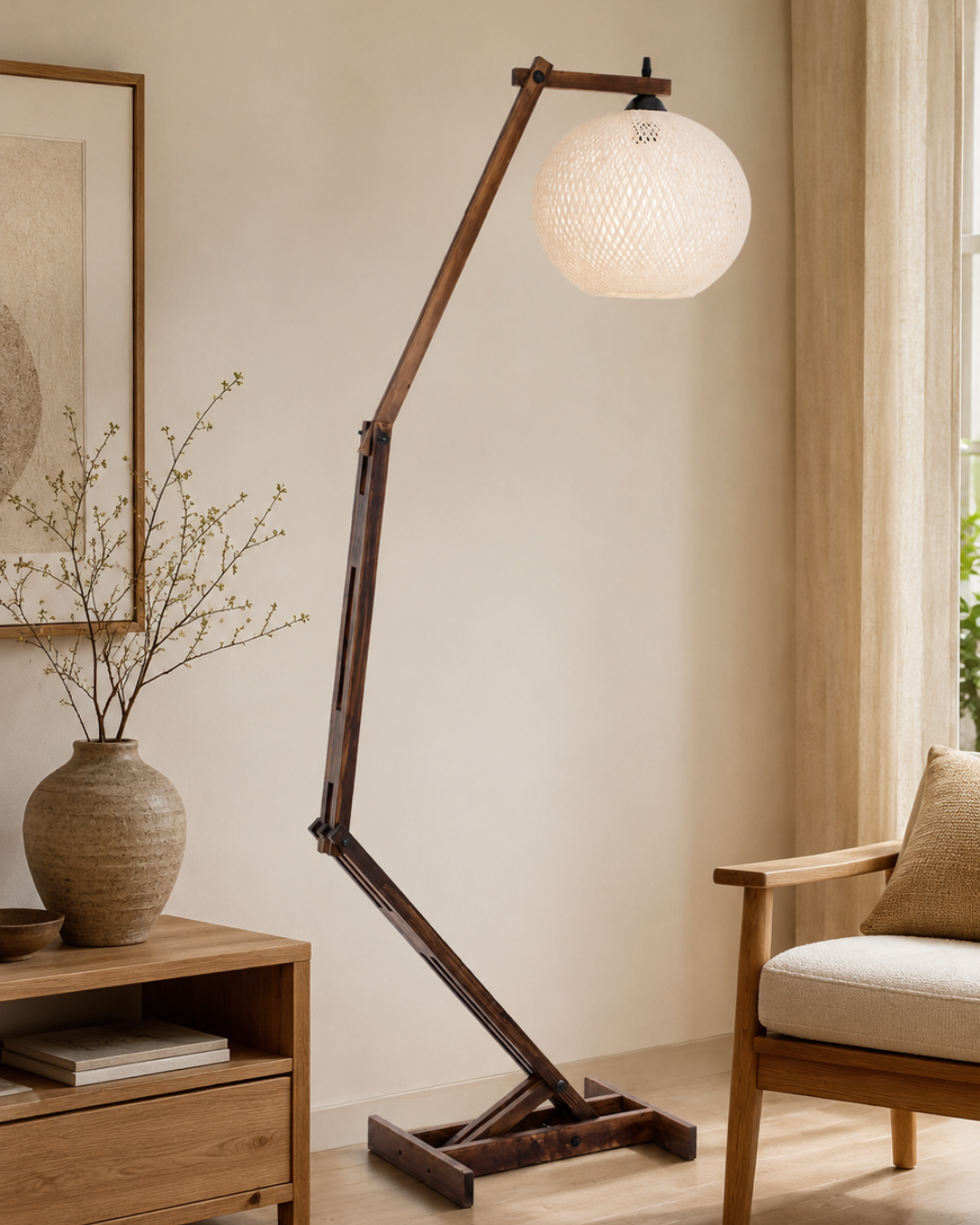 Rustic Ξύλινο Φωτιστικό Δαπέδου 40x30x160 εκ. Καρυδί-Μπεζ - Image 2