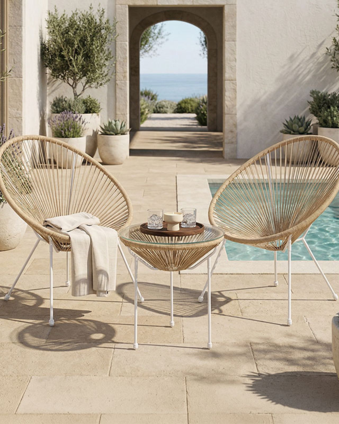 Retro Resort Σετ Σαλονιού 3τμχ από Μέταλλο, PE Rattan & Γυαλί Μπεζ - Image 2