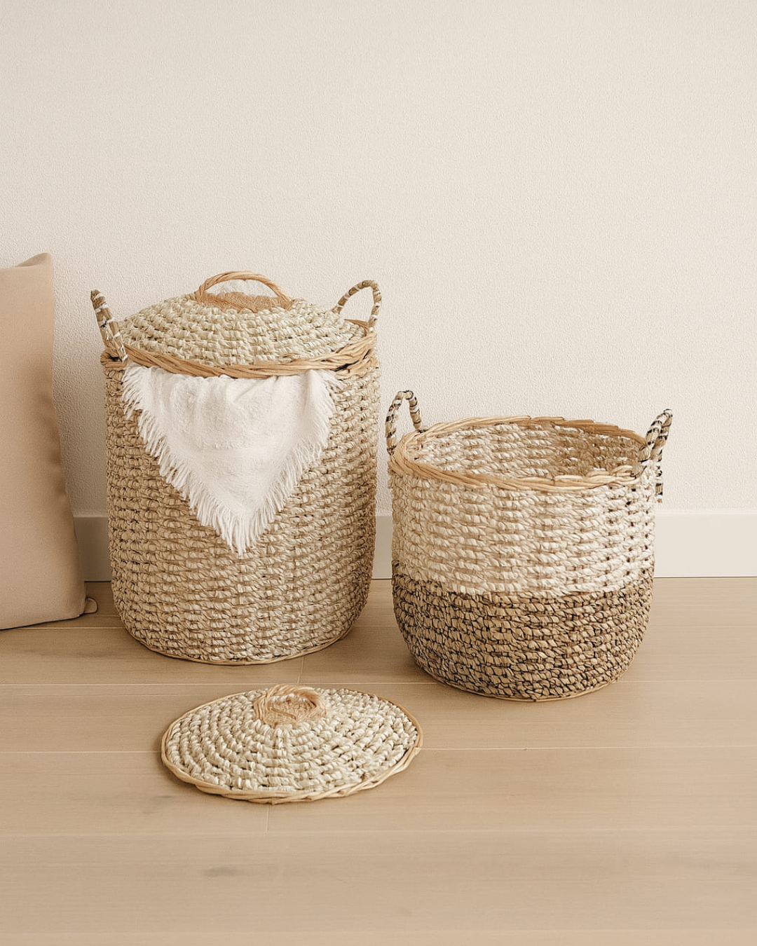 Natural Boho Διακοσμητικό Καλάθι με Καπάκι Μπεζ/Καφέ 2 Μεγέθη - Image 2