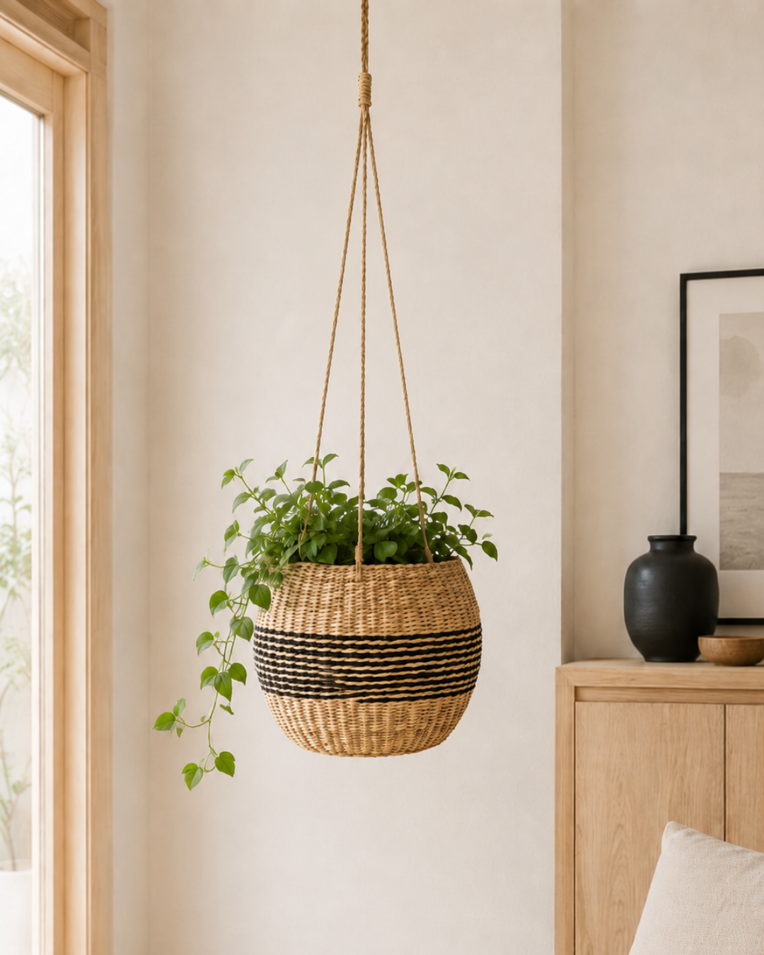 Organic Ψάθινο Διακοσμητικό Καλάθι/Κασπώ Κρεμαστό Φ27x19 εκ. Φυσικό - Image 2