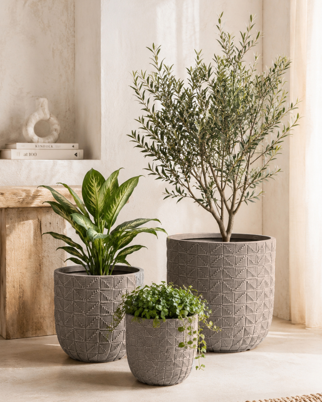 Ceramic Stone Σετ Γλαστρών / Κασπώ 3τμχ Γκρι/Μπεζ - Image 2