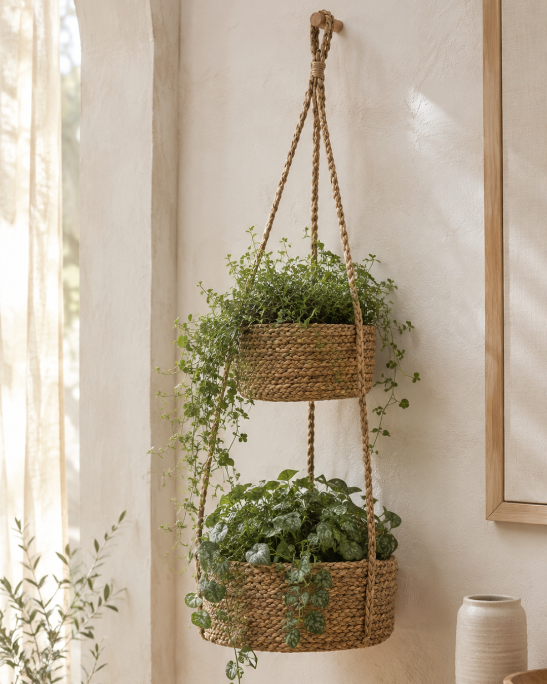 Ψάθινη Διπλή Boho Κρεμαστή Γλάστρα / Κασπώ Φ26/20x82 εκ. Φυσικό - Image 2