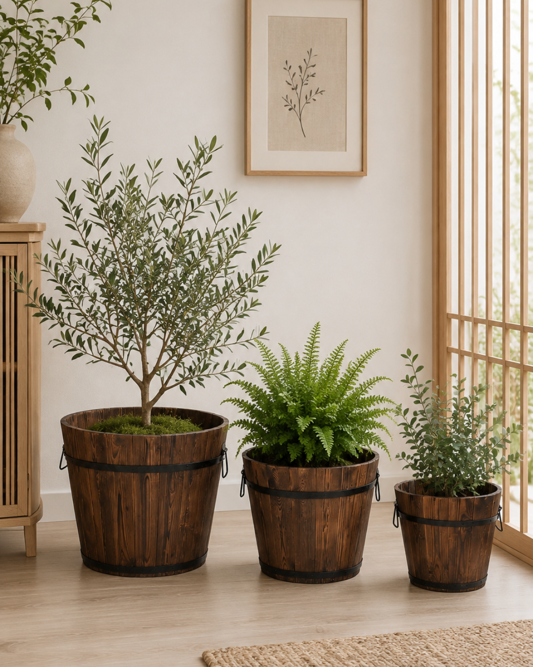 Rustic Σετ Γλαστρών / Κασπώ Κήπου 3τμχ από Μασίφ Ξύλο Καφέ - Image 2