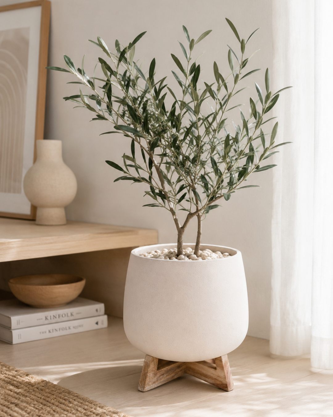 Japandi Γλάστρα / Κασπώ Με Ξύλινη Βάση 29x29x23,5 εκ. Λευκό/Φυσικό - Image 2