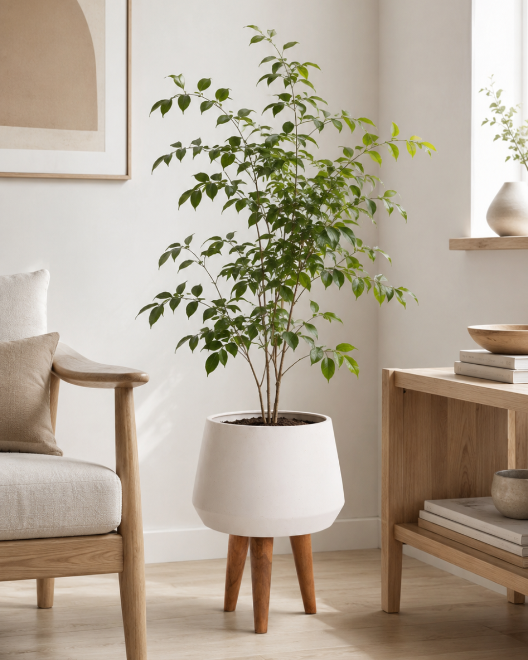 Japandi Γλάστρα / Κασπώ από Fiber Cement & Ξύλο Teak Φ35x50 εκ Λευκό/Φυσικό - Image 2