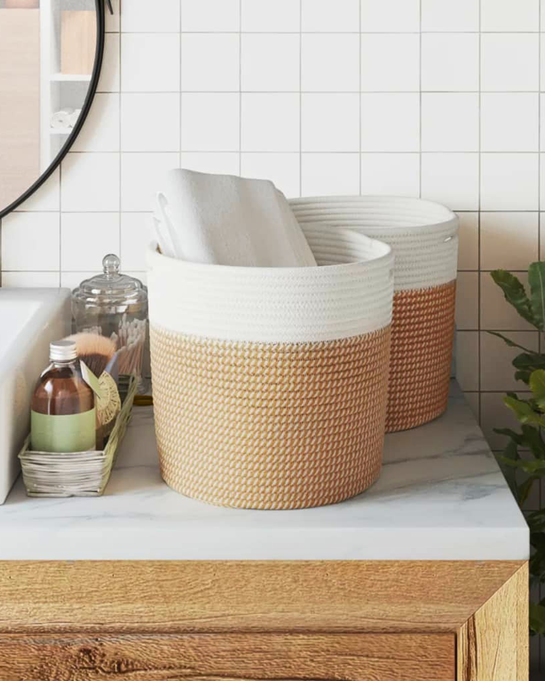 Soft Weave Σετ Καλαθιών Αποθήκευσης 2τμχ από Βαμβακερό Σχοινί Μπεζ/Λευκό - Image 2