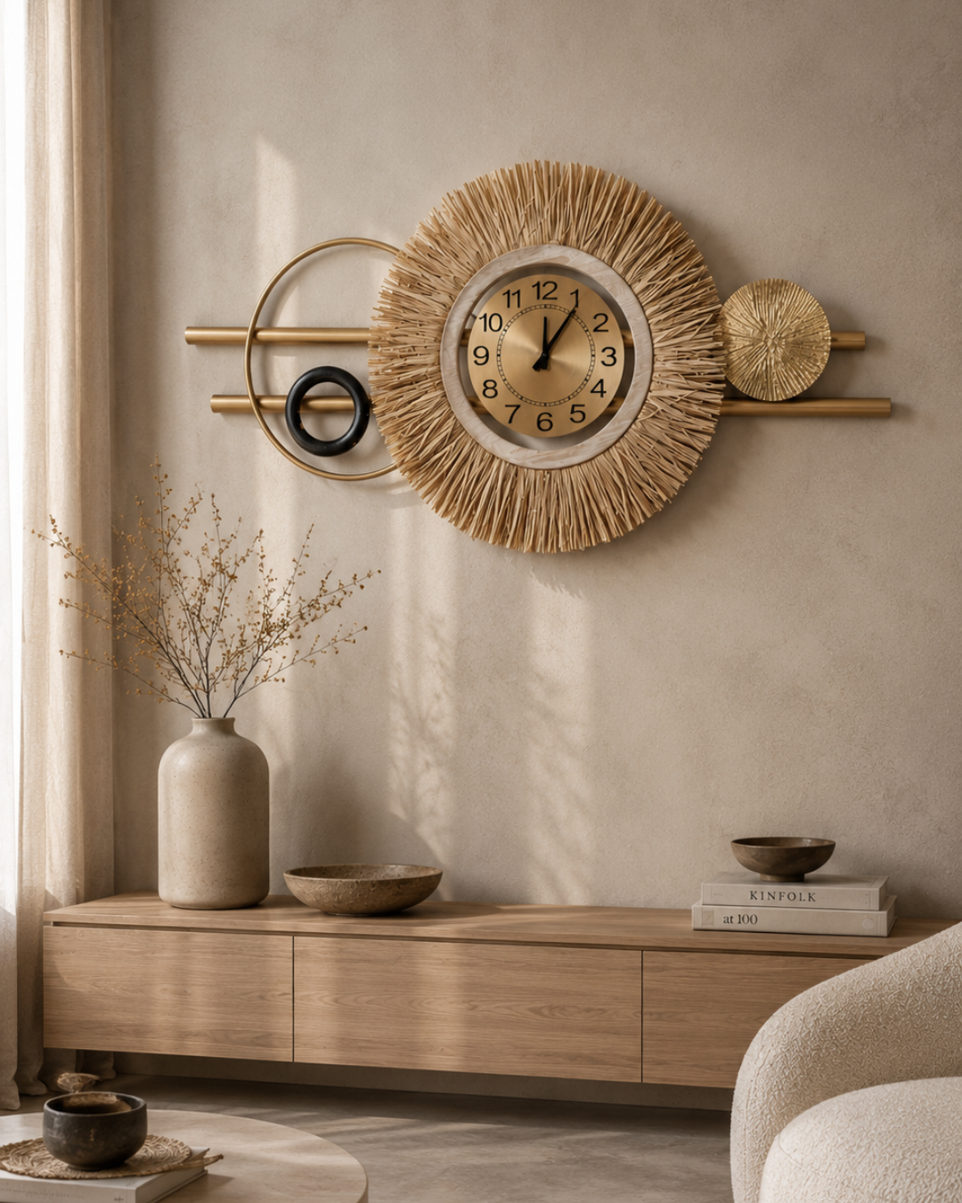 Boho Chic Διακοσμητικό Ρολόι Τοίχου από Μέταλλο & Ίνες Raffia 100x49 εκ. Γήινο - Image 2