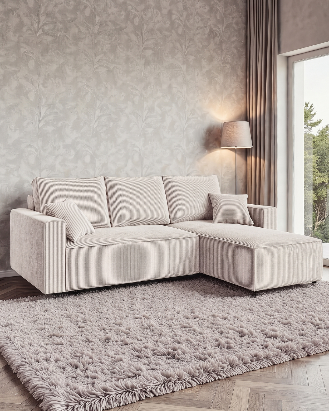 Modern Cozy Γωνιακός Καναπές με Κρεβάτι & Αποθηκευτικό Χώρο 232cm Κρεμ - Image 2