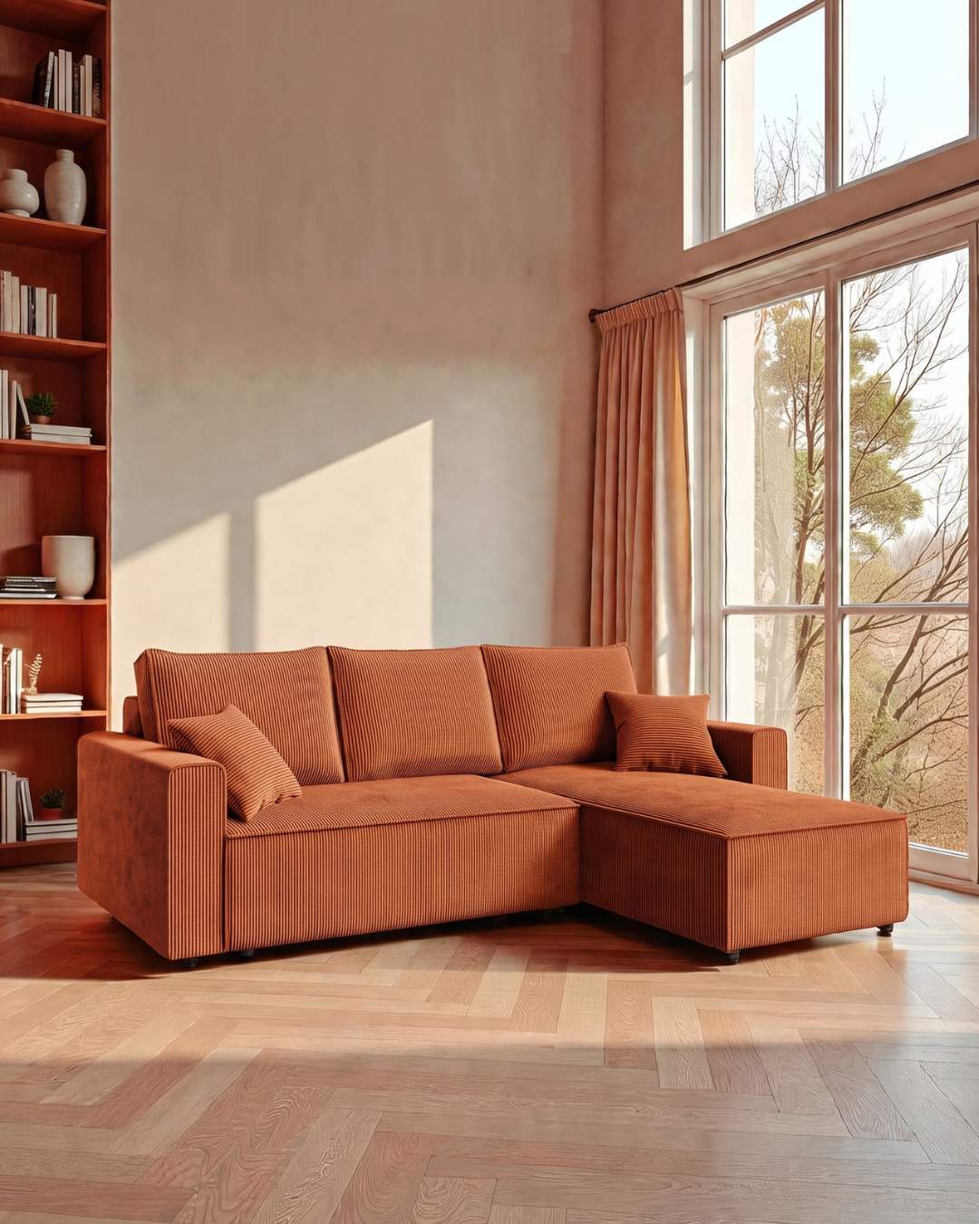 Modern Cozy Γωνιακός Καναπές με Κρεβάτι & Αποθηκευτικό Χώρο 232cm Τερακότα - Image 2