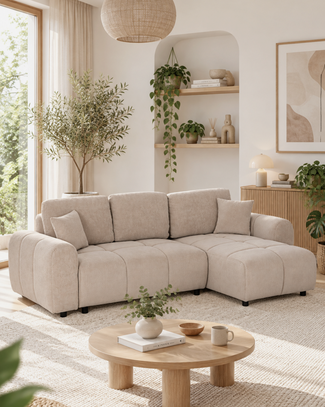 Modern Cozy Γωνιακός Καναπές-Κρεβάτι Chenille 253cm – Μπεζ - Image 2